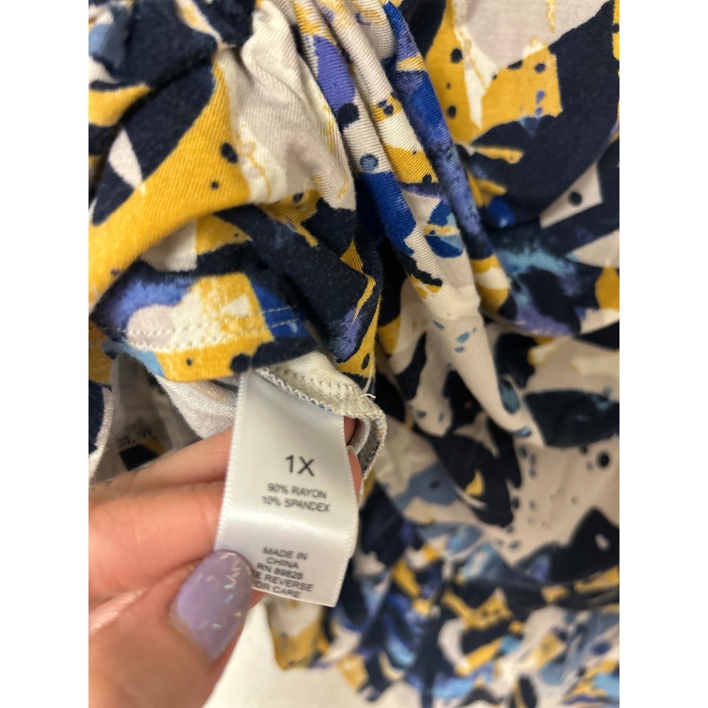 LOGO Lori Goldstein Cowl Neck Ruffle Hem Tunic Abstract Floral Blue Yellow 1X - Picture 7 of 7